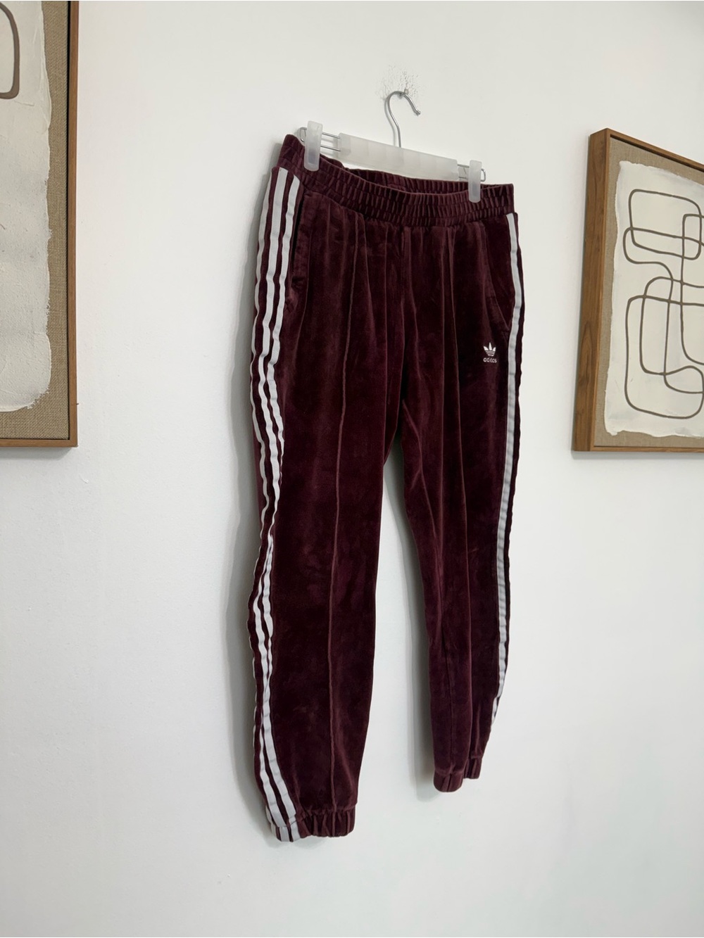 adidas Maroon Velour Joggers with White Side Stripes